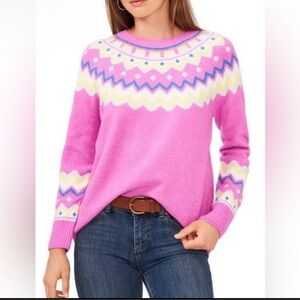 VINCE CAMUTO Fairisle Sweater In Pink Size Small Cozy Winter Pullover Crewneck